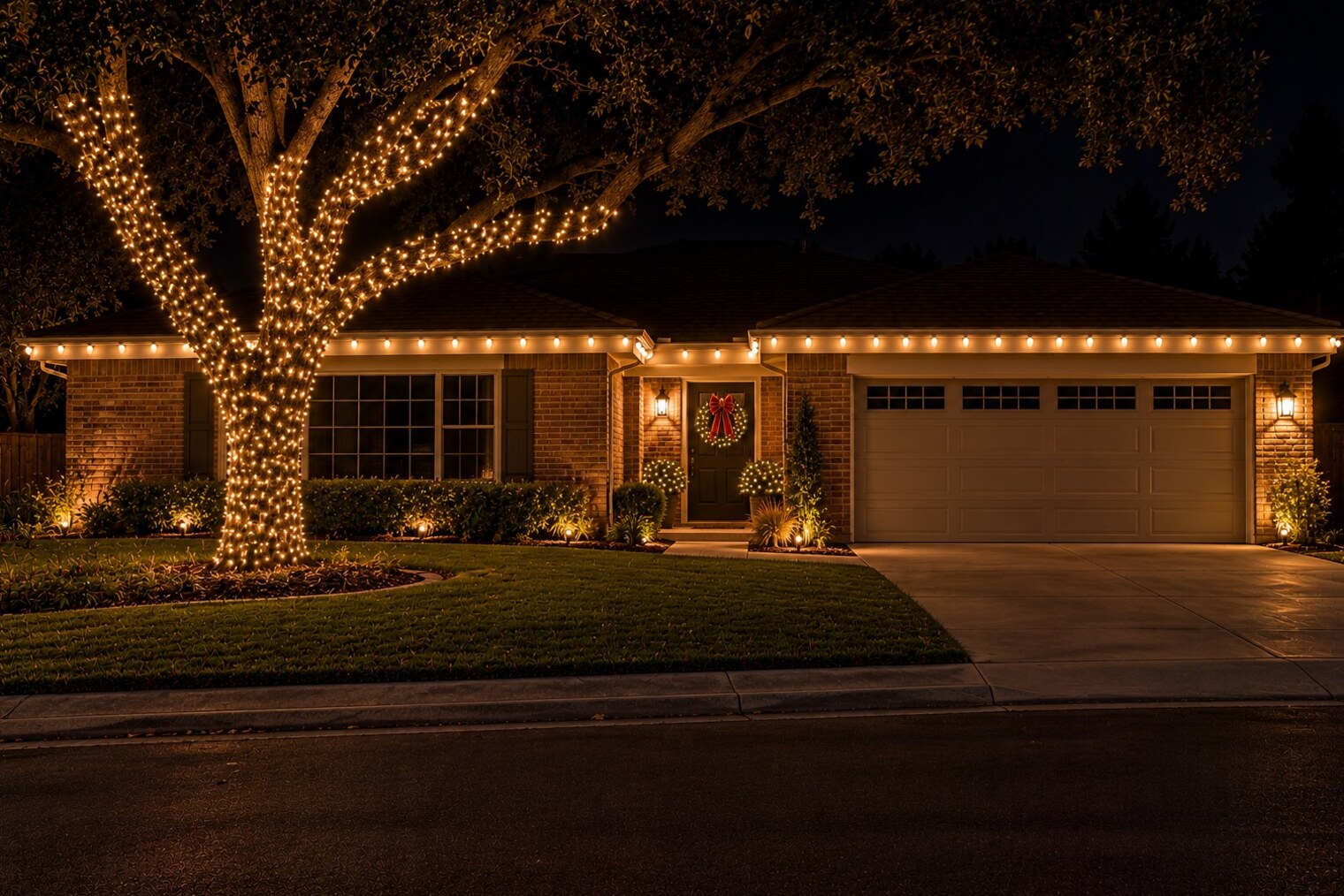 Christmas light company in Lincoln, CA: brick hip roof home oak wrap door wreath warm white