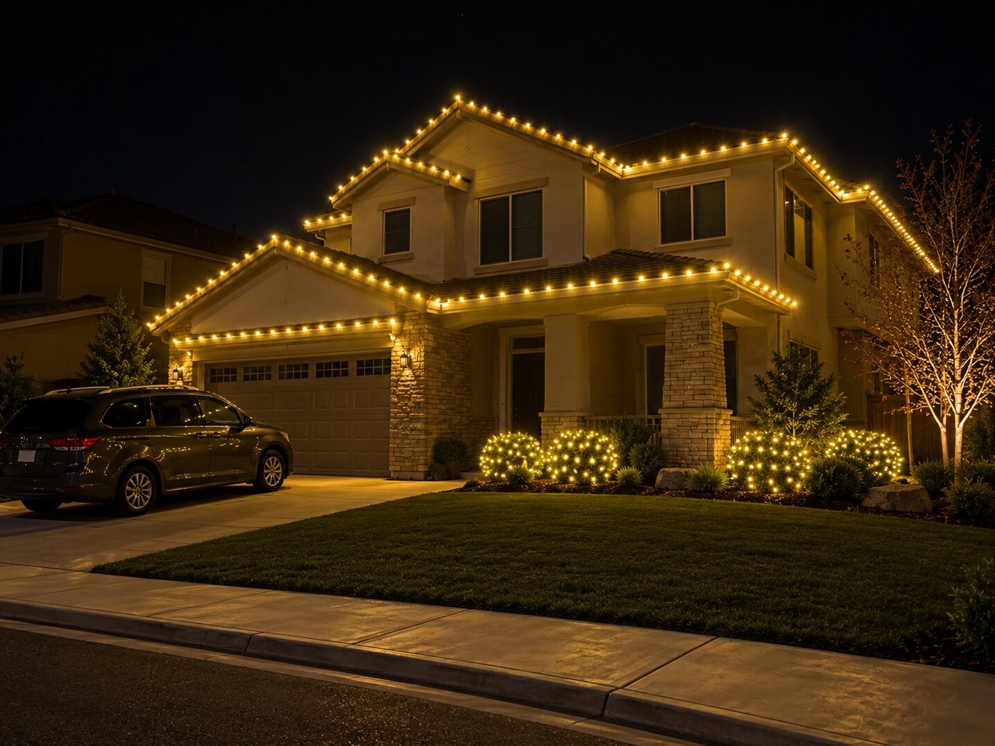 Christmas light installation in Cameron Park, CA: two story stone entry c9 warm white