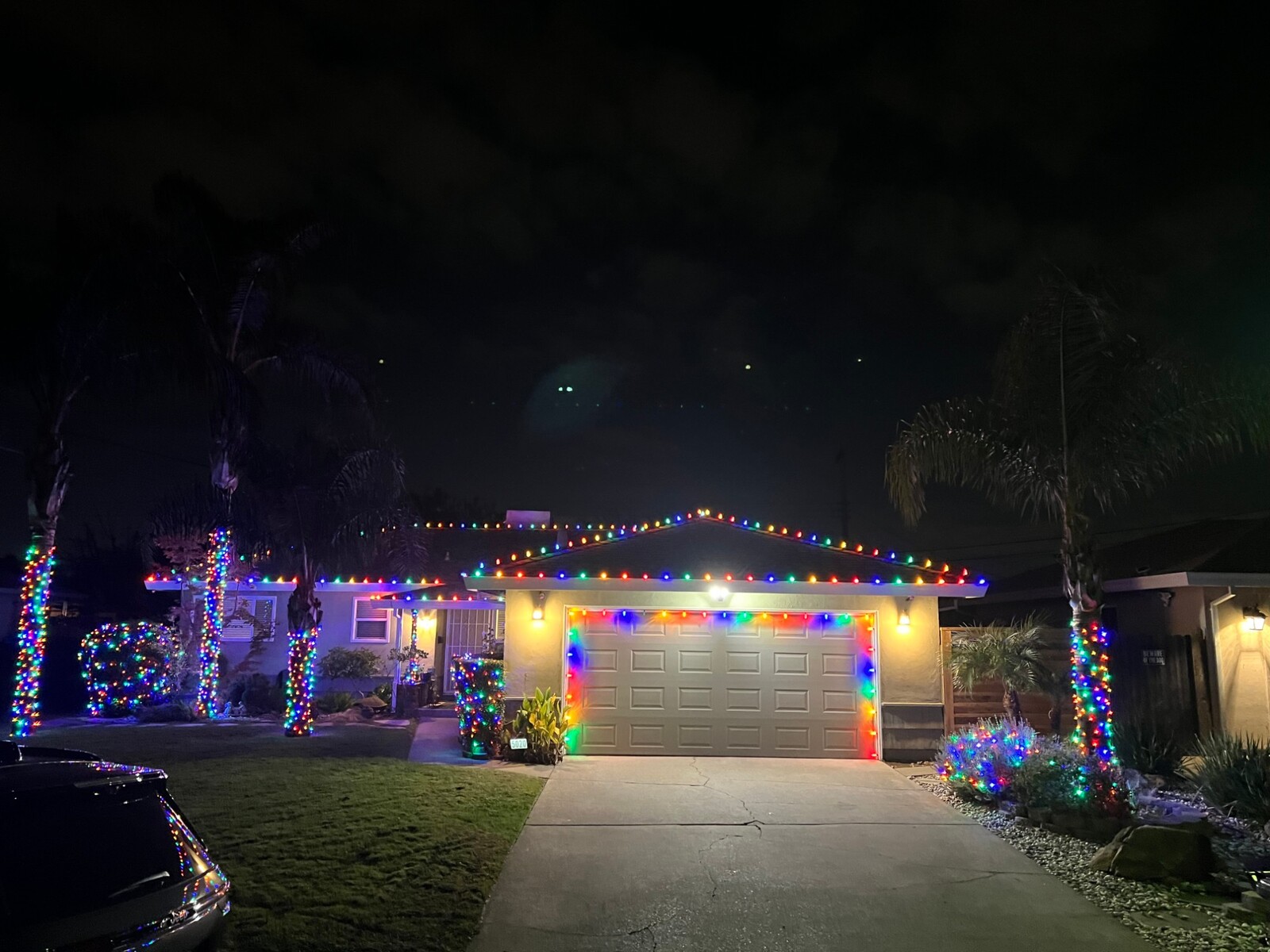 Christmas light installation in Folsom, CA: ranch multicolor roofline garage outline palm wraps