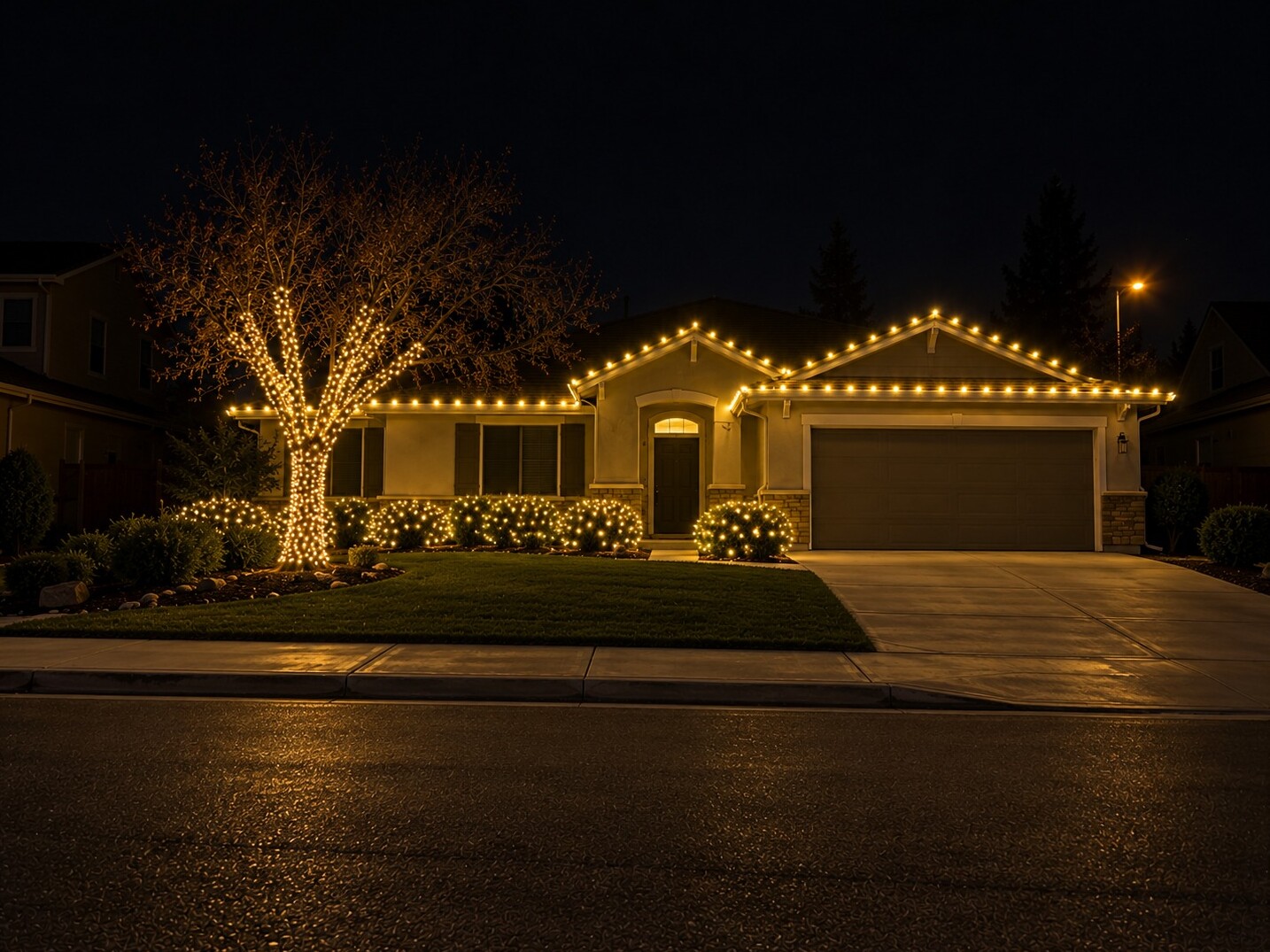 Christmas light installation in Loomis, CA: street view lit ranch c9 warm white