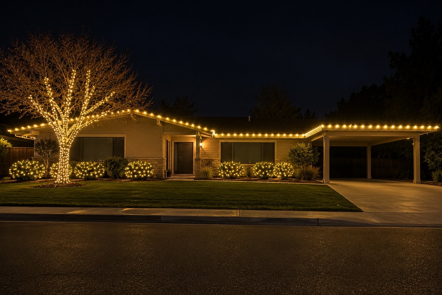 Christmas light installers in Cameron Park, CA: midcentury carport fascia c9 warm white