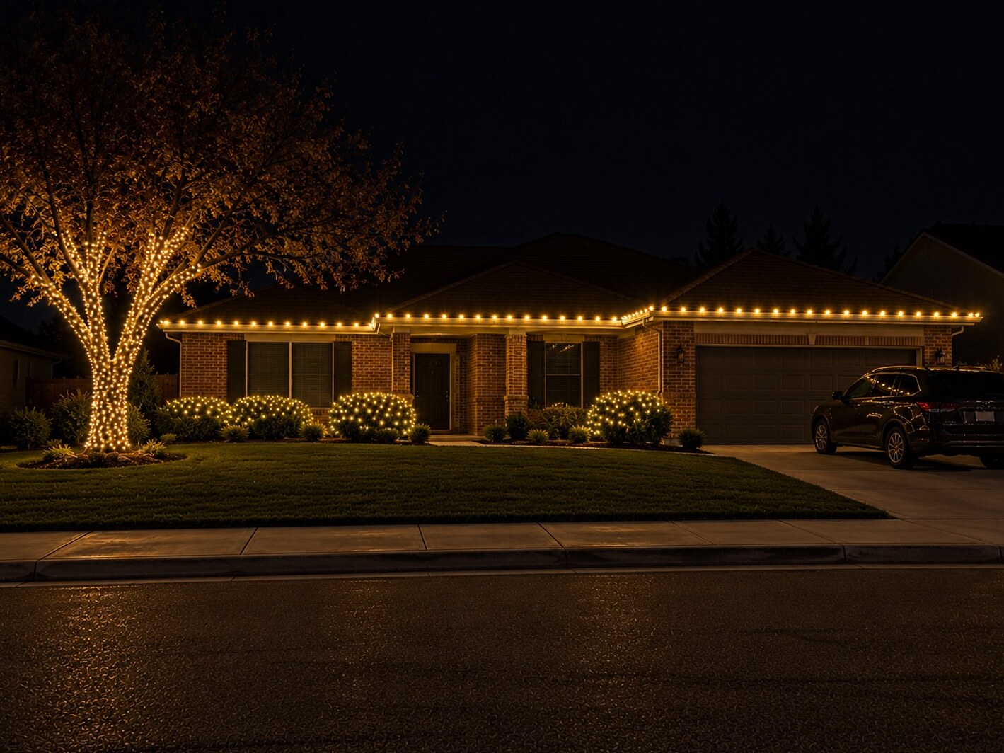 Christmas light service in Auburn, CA: brick ranch tree sleeve wrap c9 warm white
