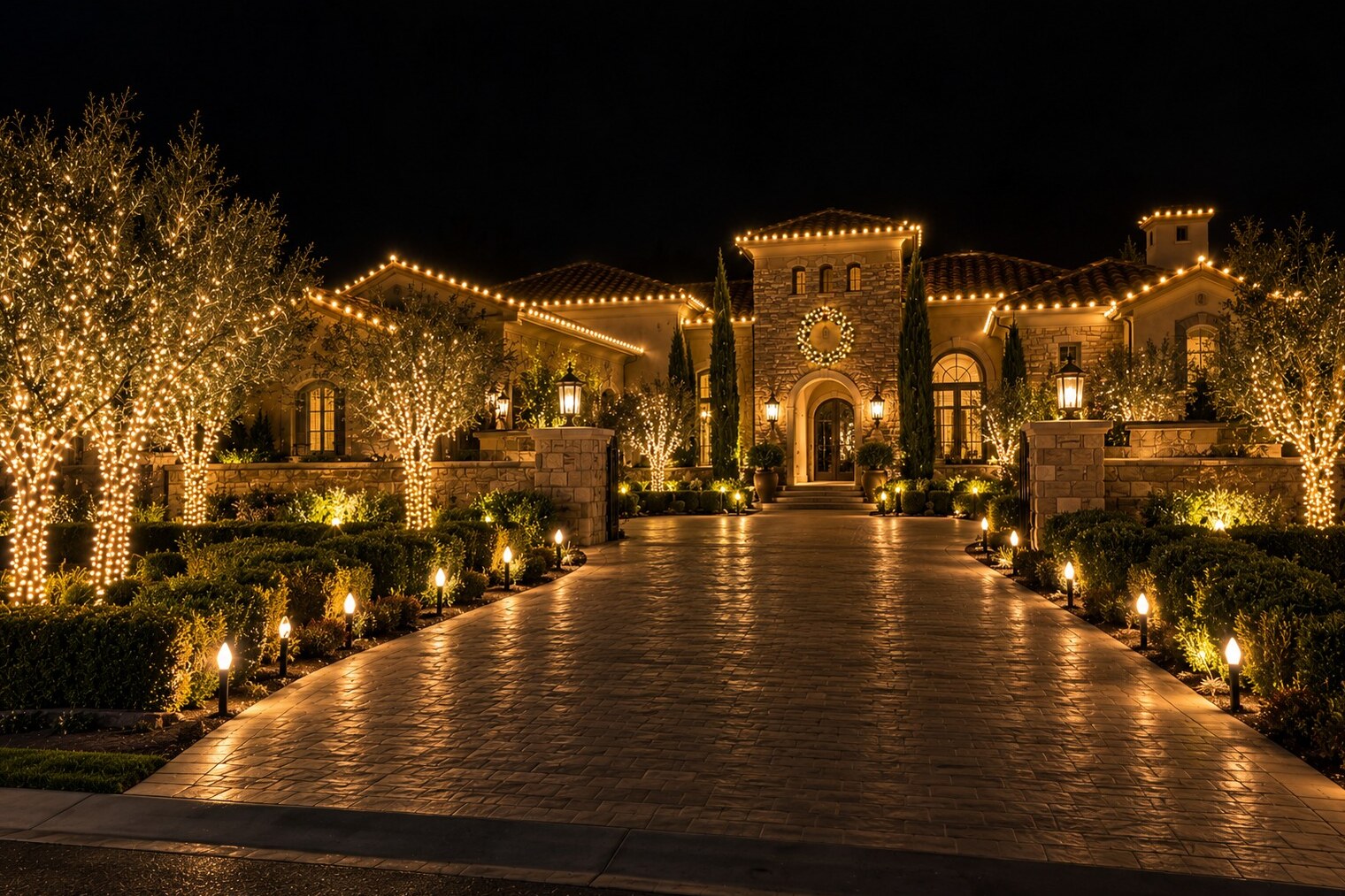 Christmas light service in Auburn, CA: grand tuscan estate stone entry tower wreath olive trees warm white