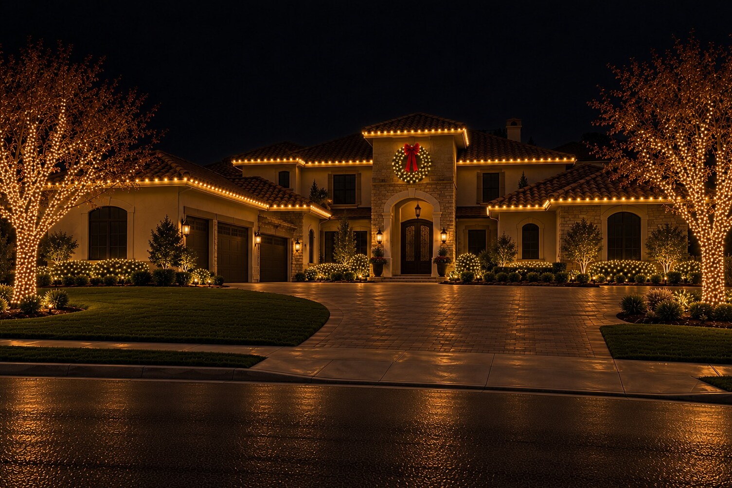 Christmas light service in Auburn, CA: grand tuscan tower wreath estate c9 warm white
