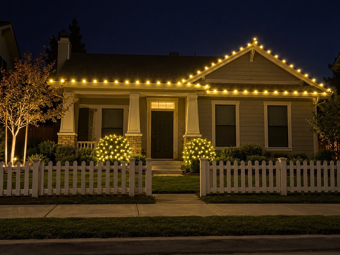 Christmas light service in El Dorado Hills, CA: cottage picket fence c9 warm white
