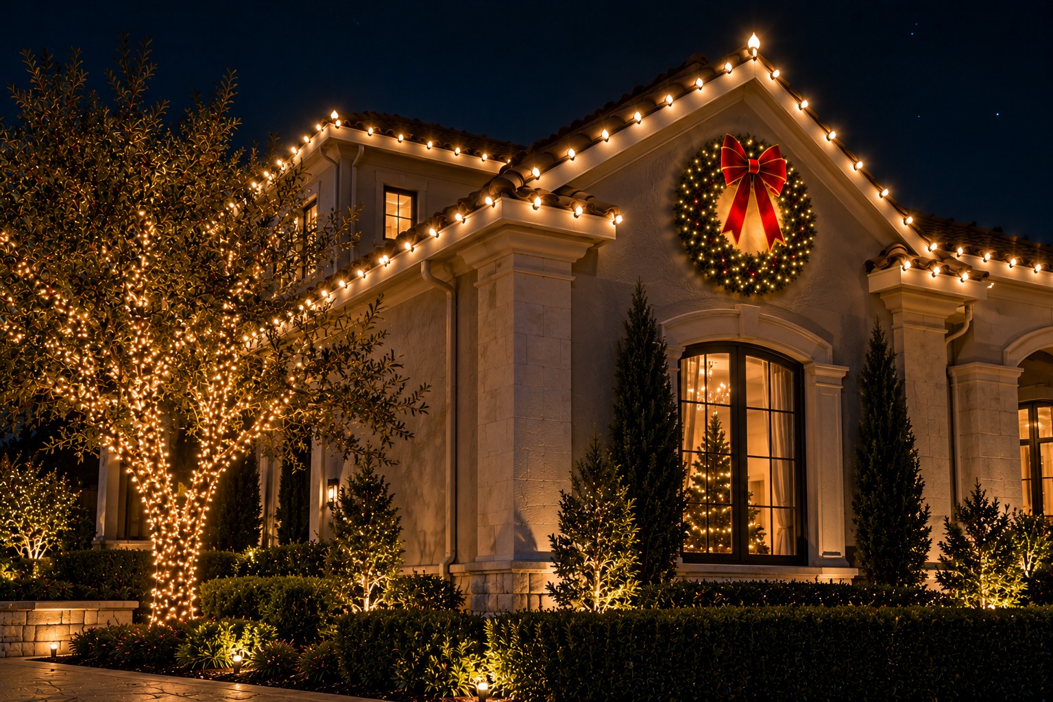 this image shows bush Christmas lights in Folsom, CA