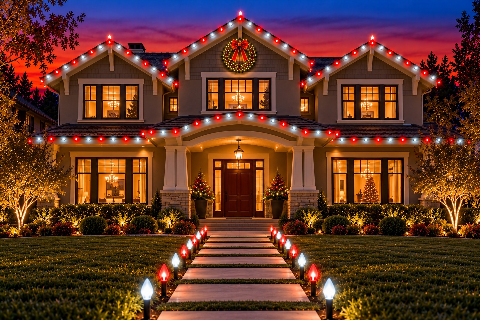 Christmas lights on a home, Folsom Lake Estates holiday lighting by Christmas Light Brothers