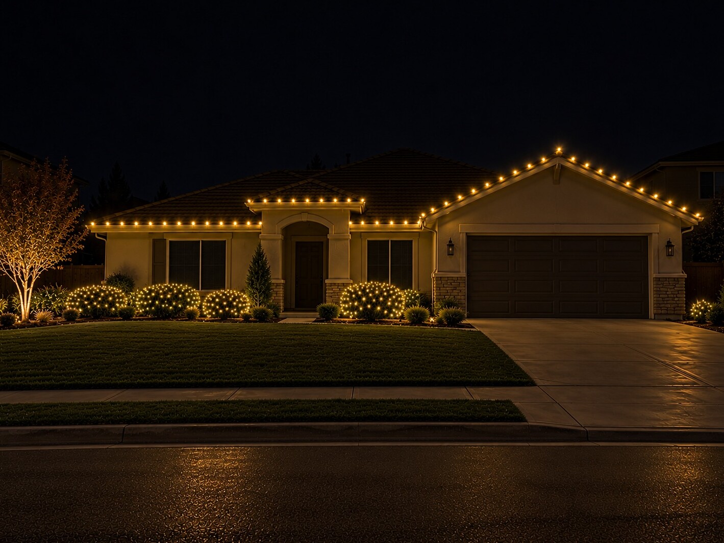 Christmas lights in Diamond Springs, CA: stucco ranch c9 roofline dark windows warm white