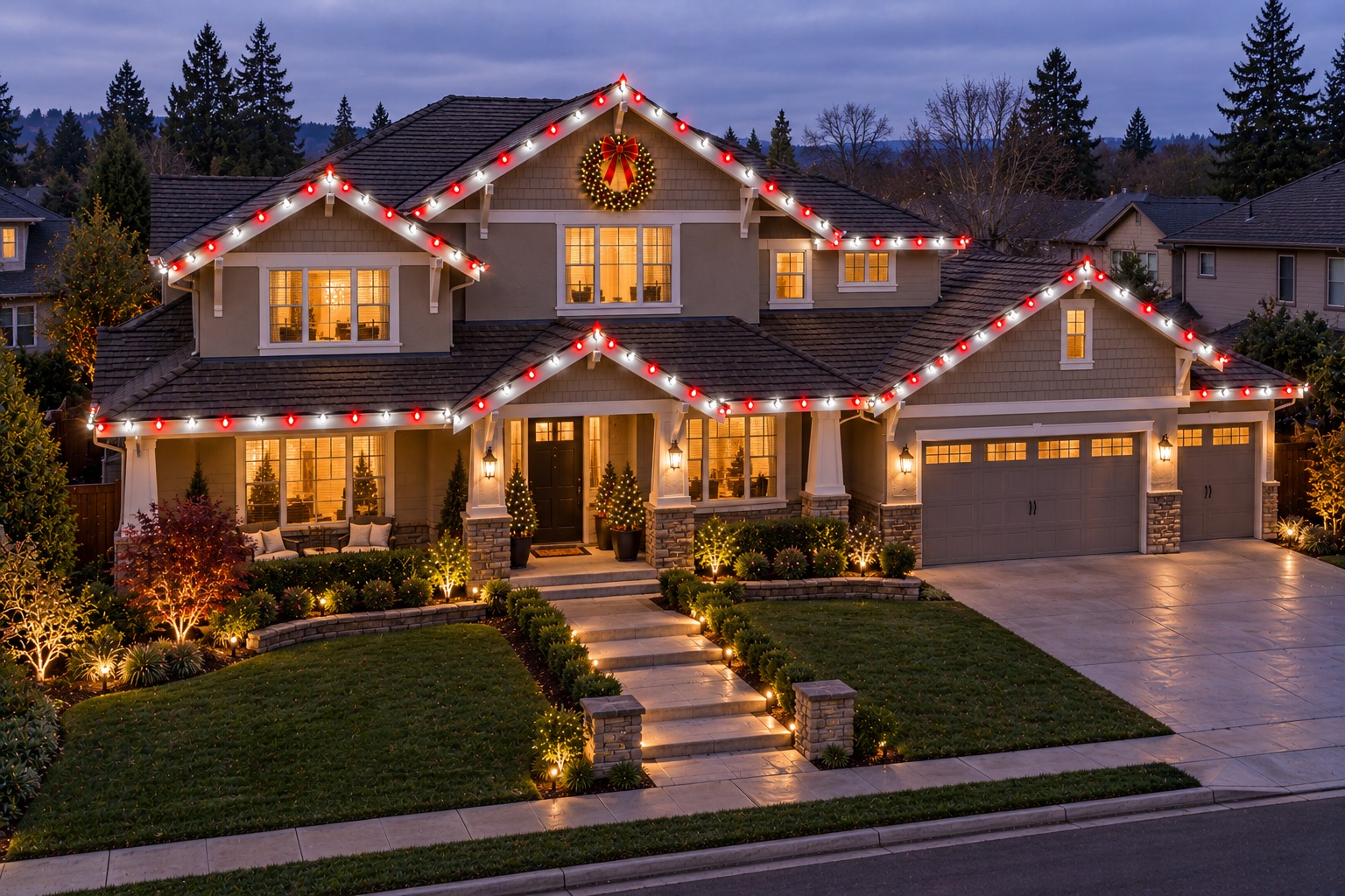 Christmas light installation in Stanford Ranch by Christmas Light Brothers