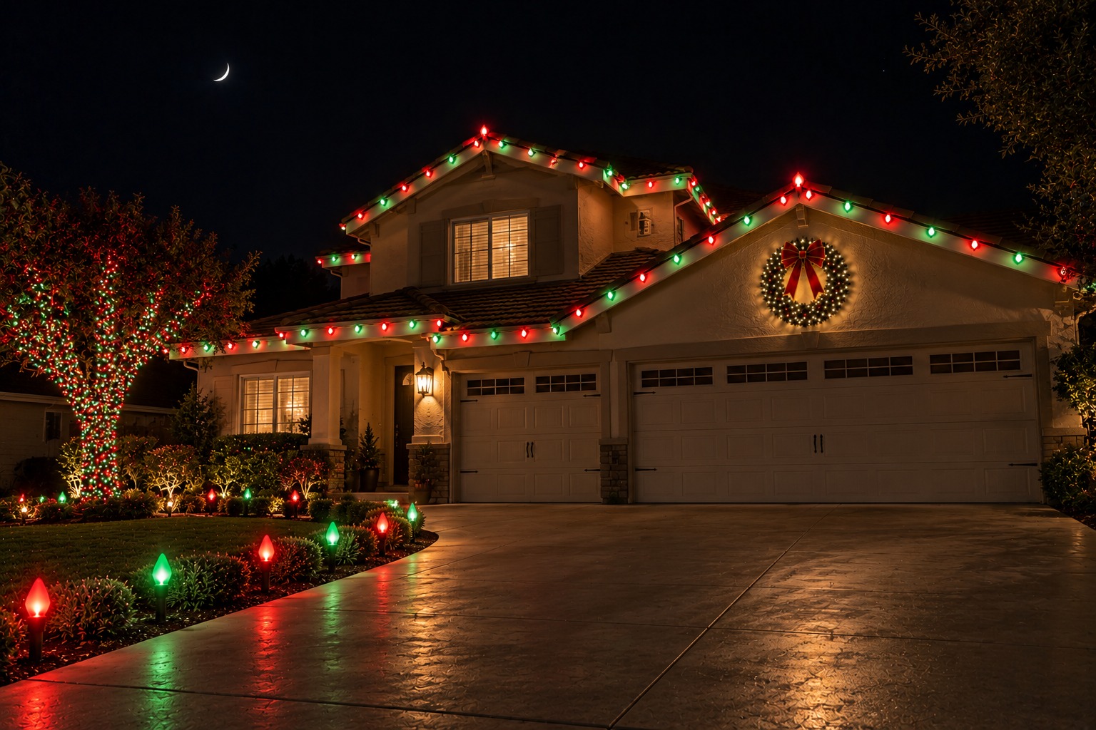 Christmas lights on a home, Blackstone holiday lighting by Christmas Light Brothers