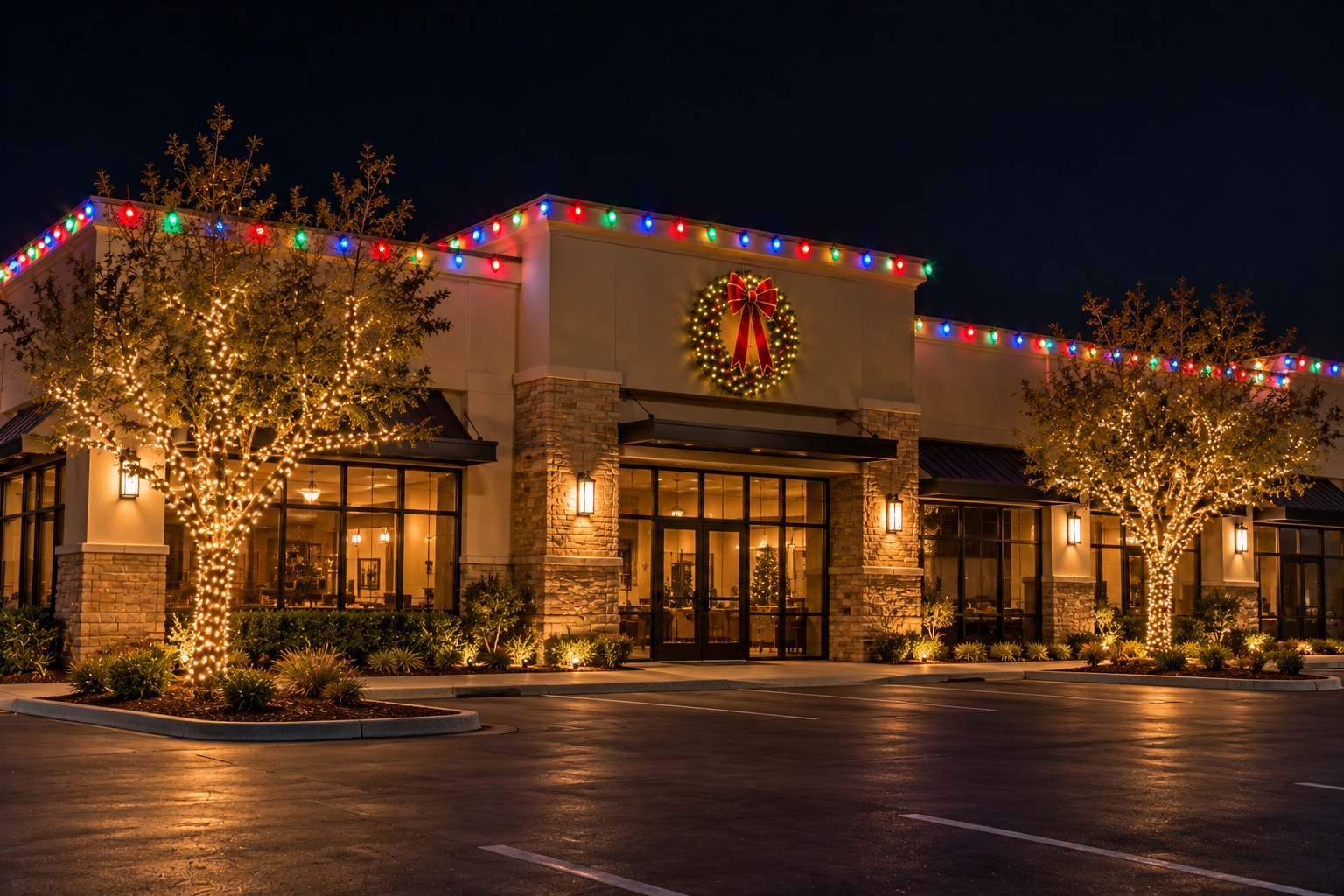 Christmas lights on a home, Briggs Ranch holiday lighting by Christmas Light Brothers