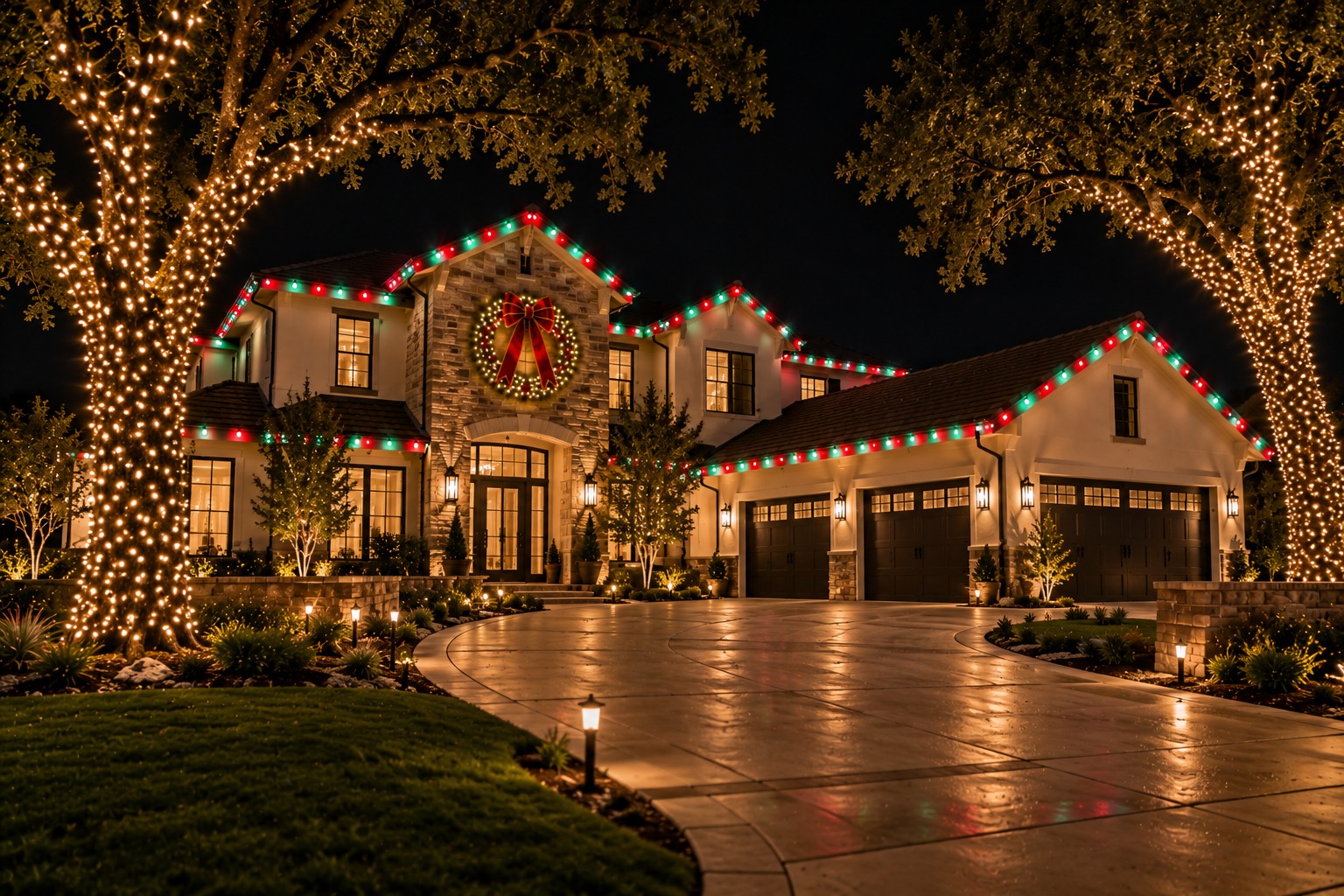 Christmas lights on a home, Stonelake holiday lighting by Christmas Light Brothers