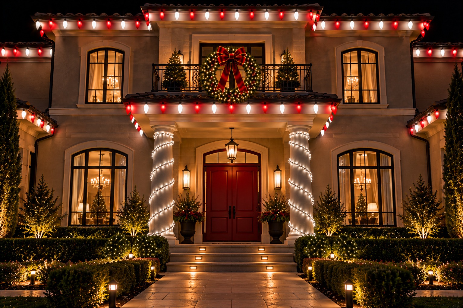 Christmas lights installed on a two-story home at night
