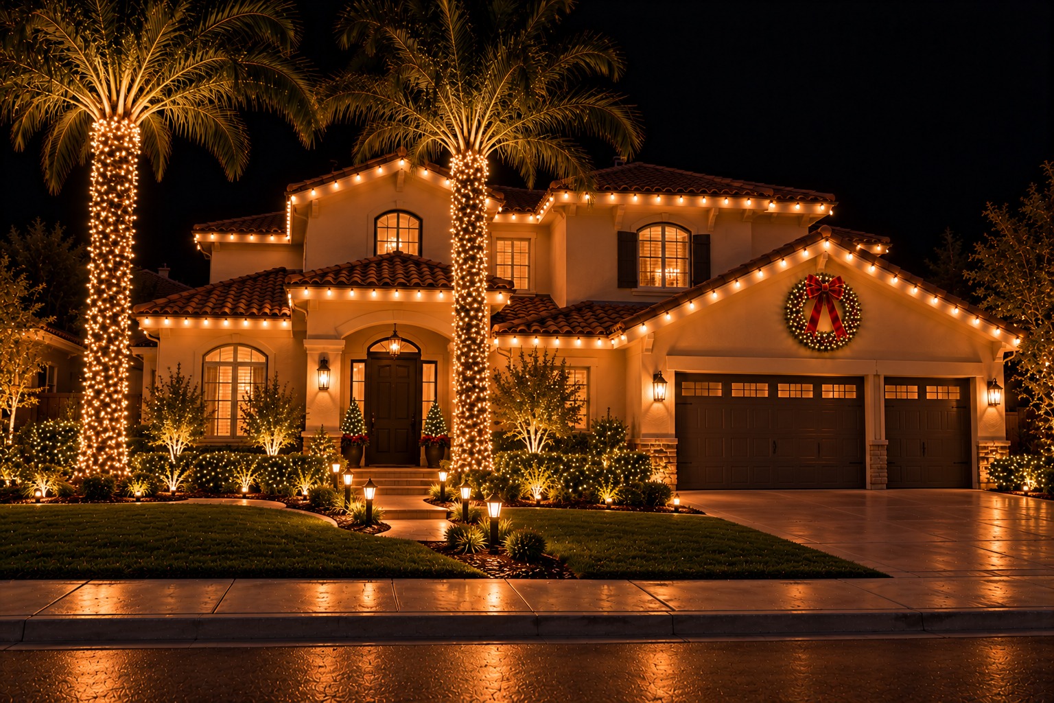 Christmas lights installed on a two-story home at night