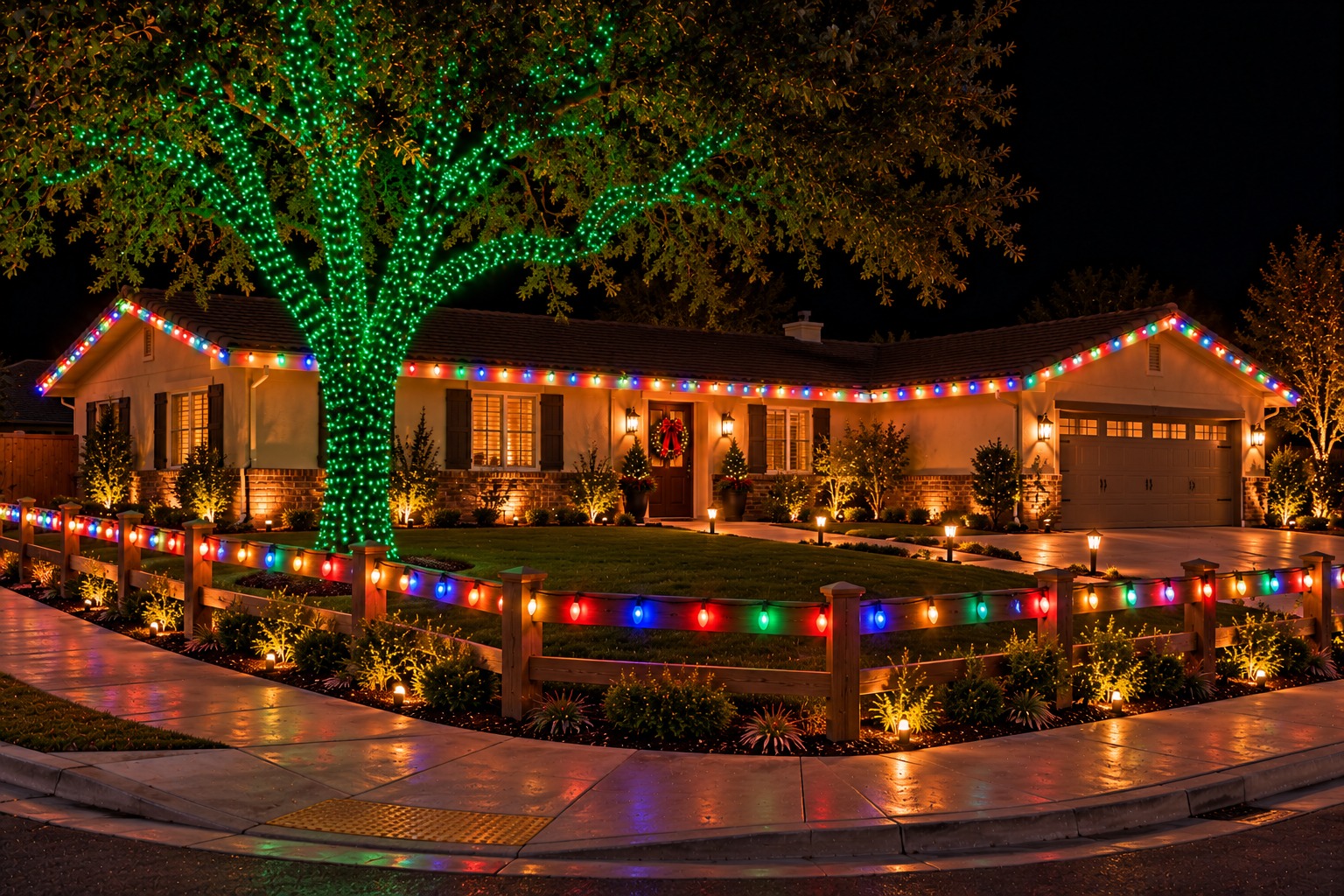 Christmas lights installed on a two-story home at night