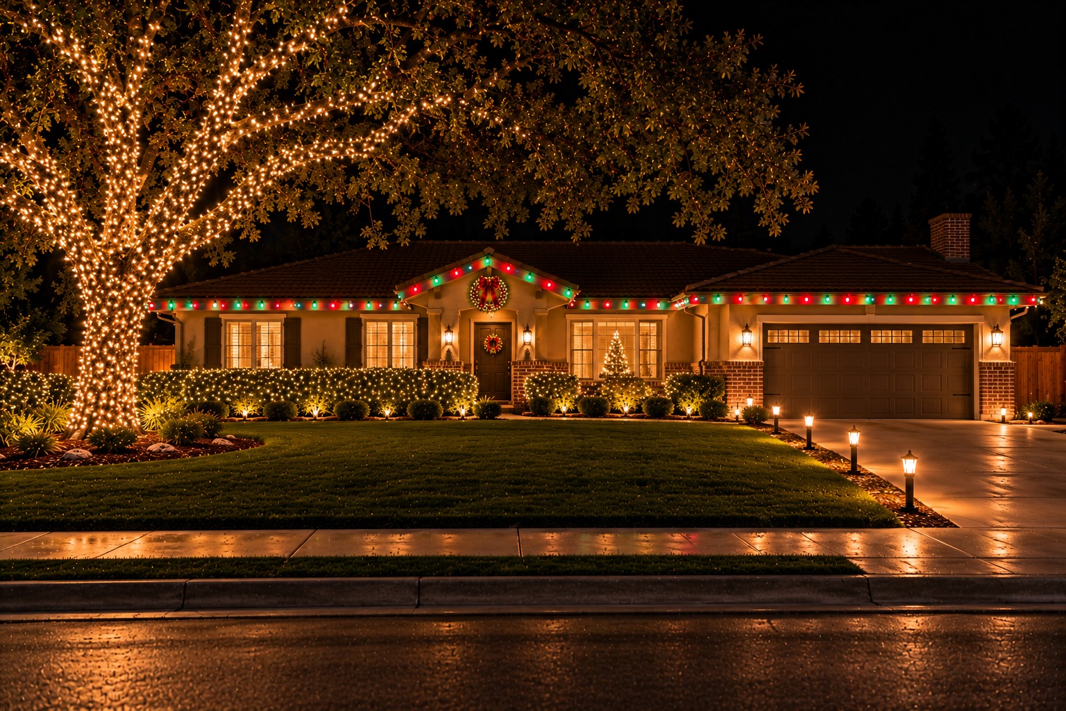 Christmas lights installed on a two-story home at night