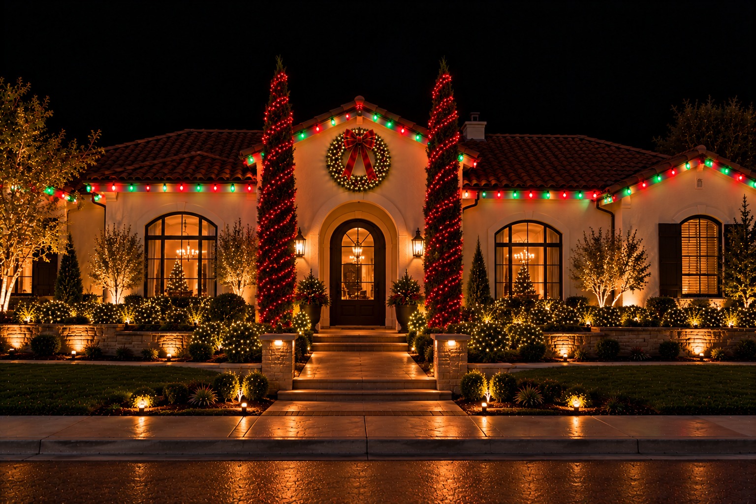 Christmas lights installed on a two-story home at night