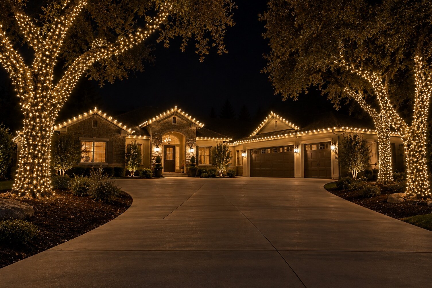 Christmas lights in Pollock Pines, CA: custom three car warm white oaks driveway