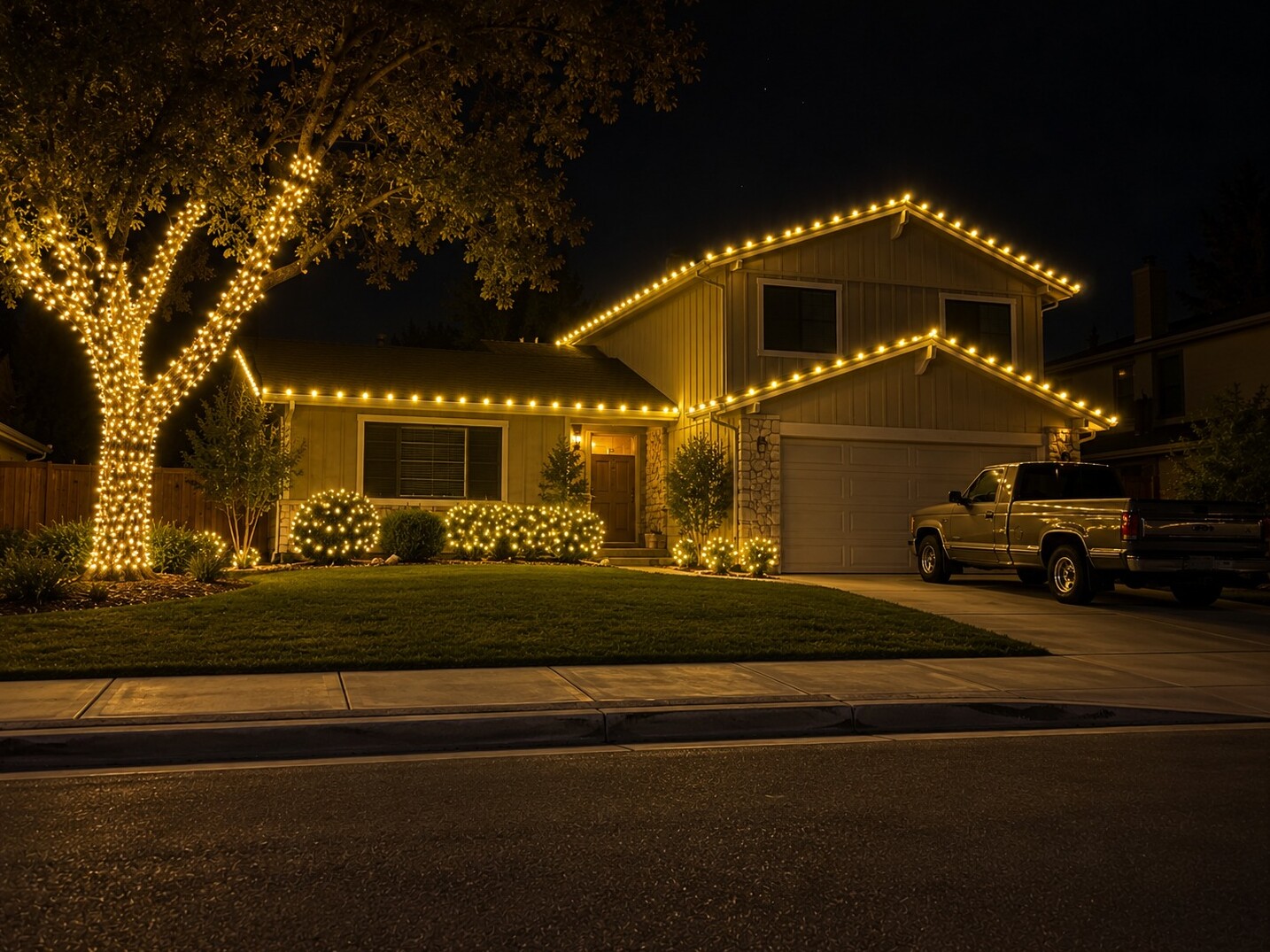 Christmas lights in Pollock Pines, CA: split level oak wrap c9 warm white