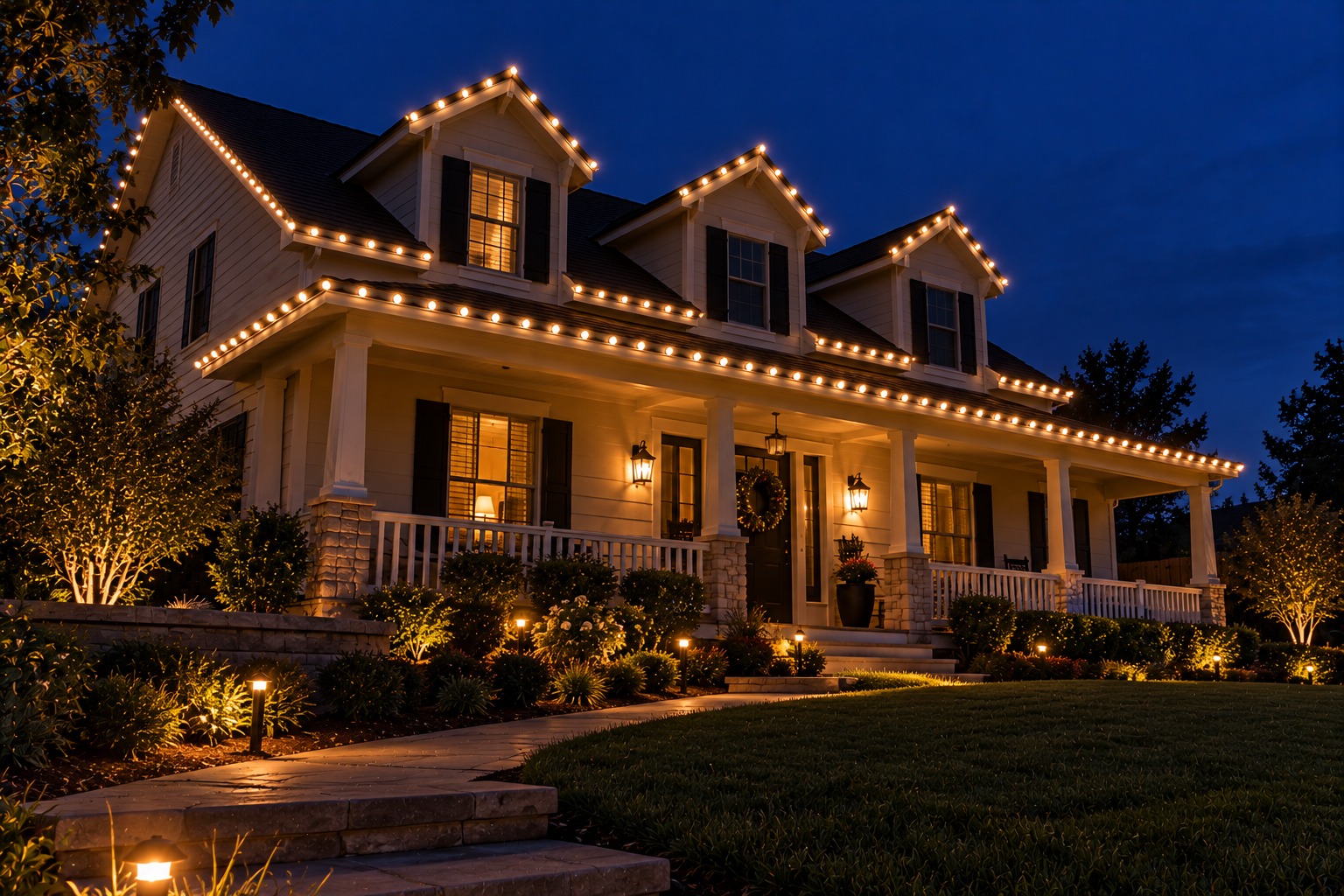 Christmas lights installed on a two-story home at night