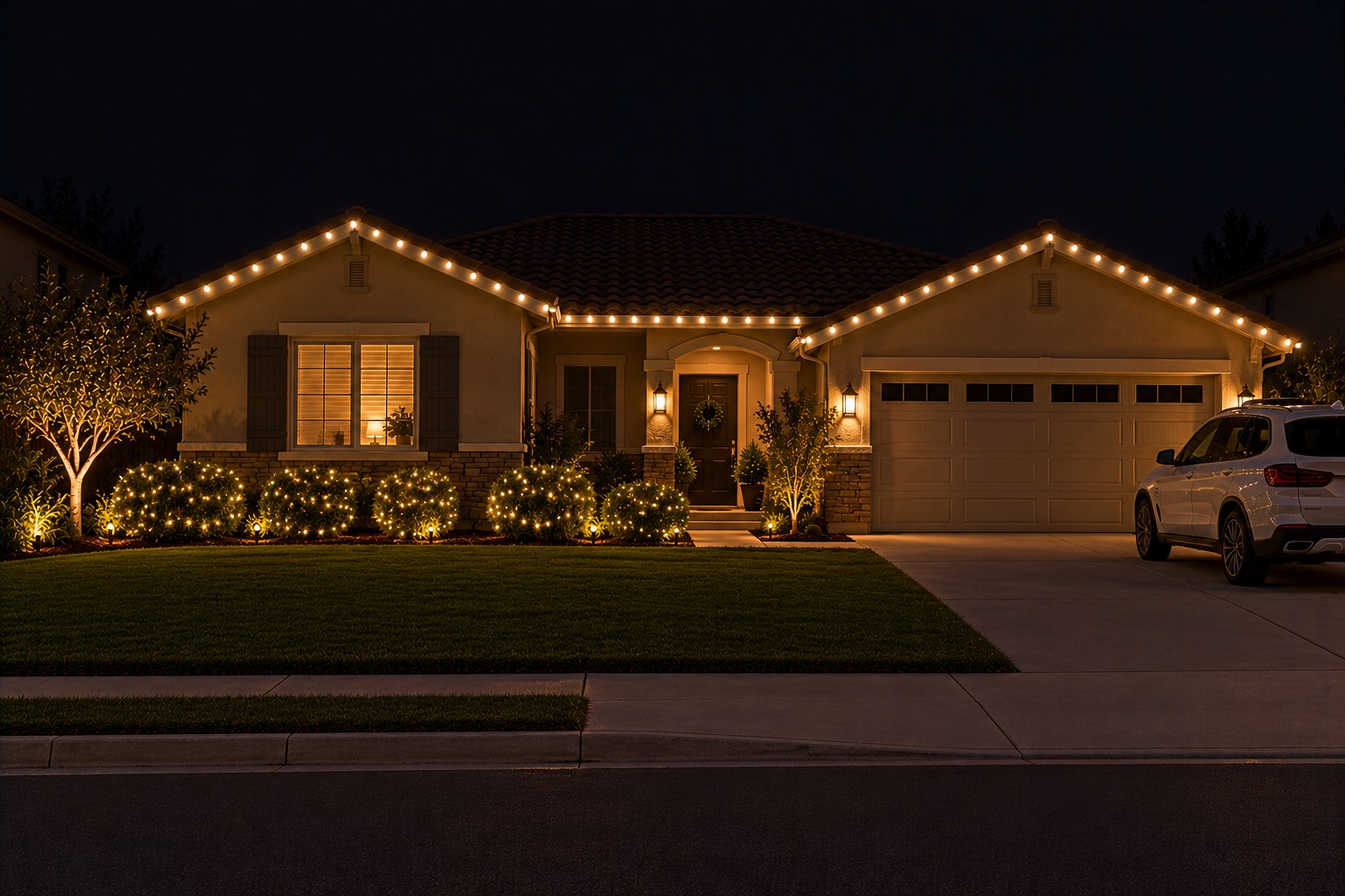 Christmas lights installed on a two-story home at night
