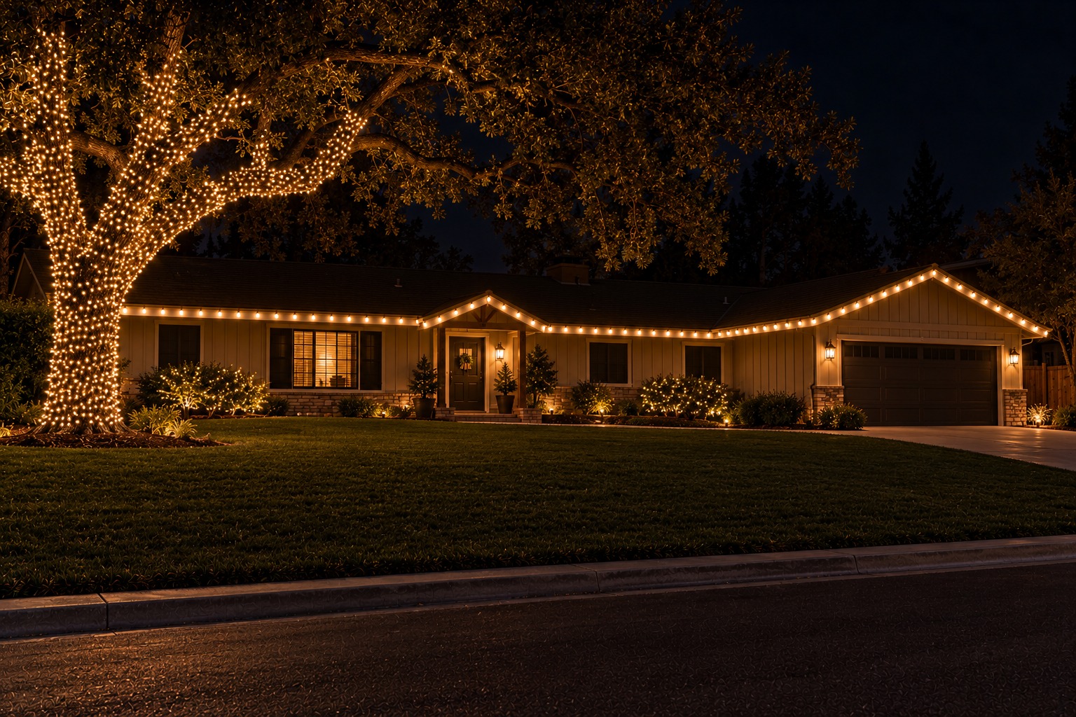 Christmas lights installed on a two-story home at night