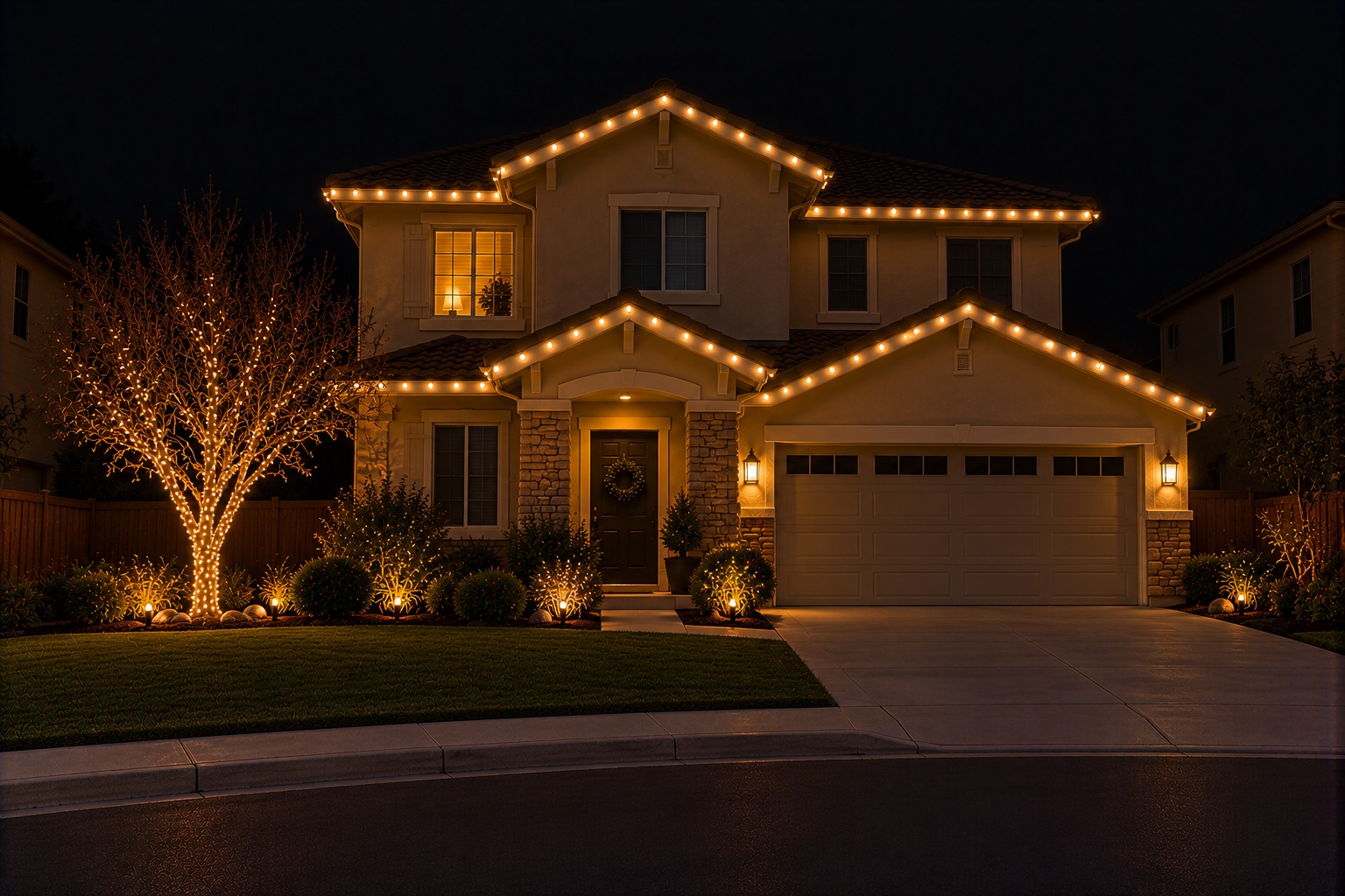 Christmas lights installed on a two-story home at night