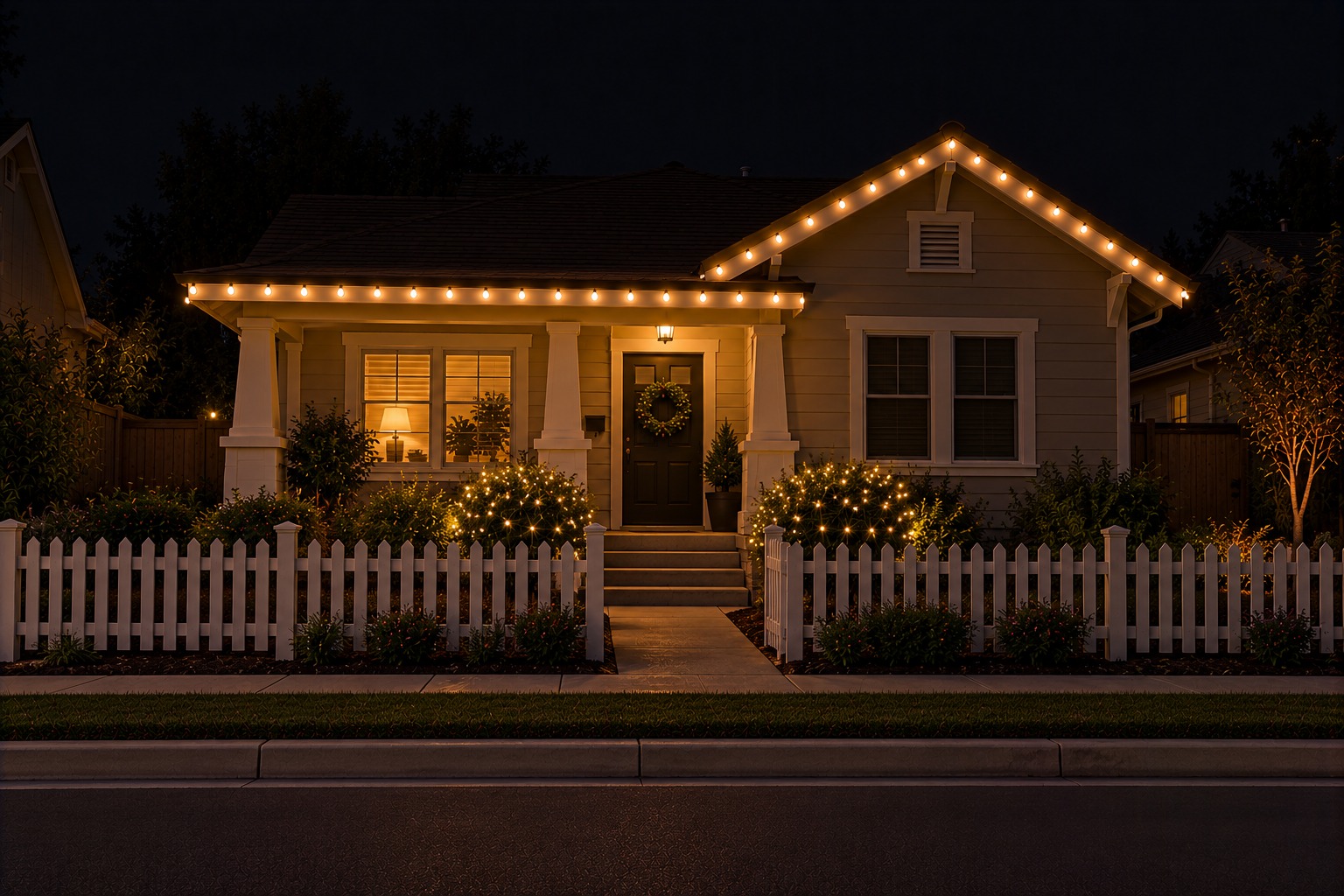 Christmas lights installed on a two-story home at night