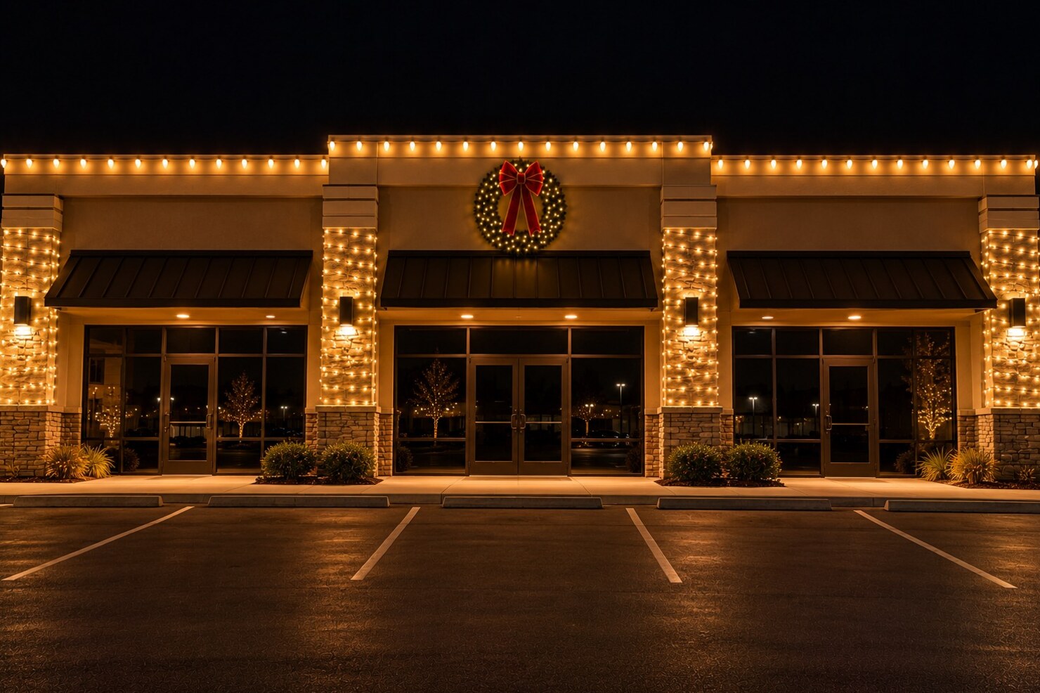 Holiday light installation in Pollock Pines, CA: commercial storefronts parapet lights column wraps wreath warm white