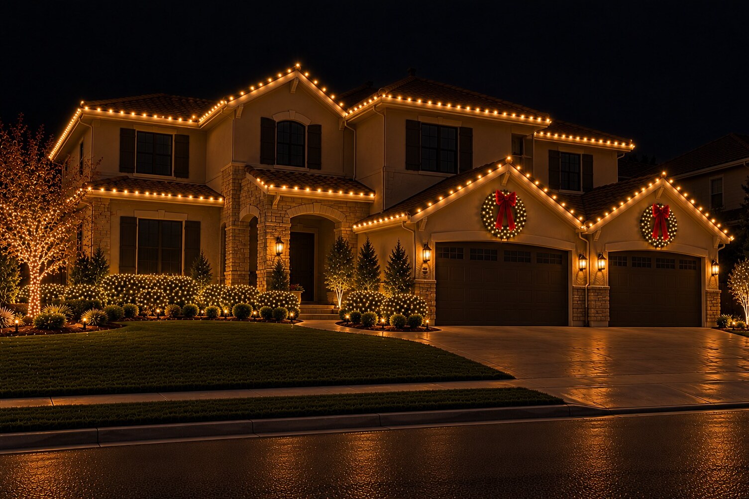 Holiday light installation in Pollock Pines, CA: two story garage door wreaths c9 warm white