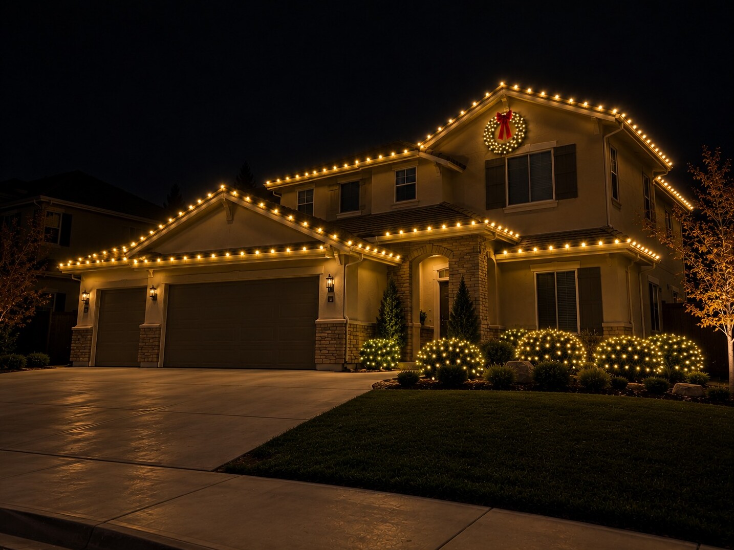 Holiday lighting in Diamond Springs, CA: two story gable wreath c9 warm white