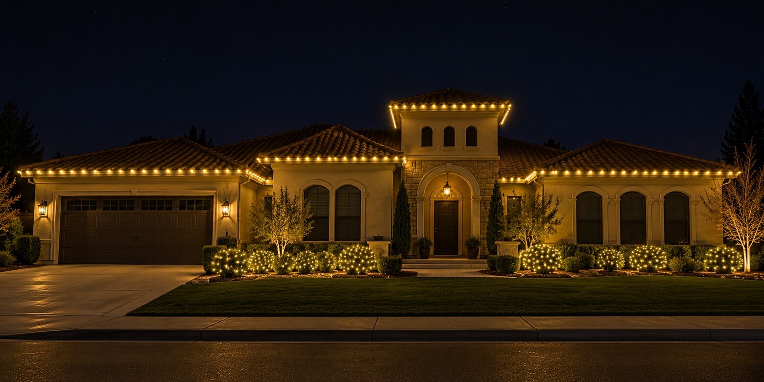 Holiday lighting in Fair Oaks, CA: mediterranean tower eave c9 warm white