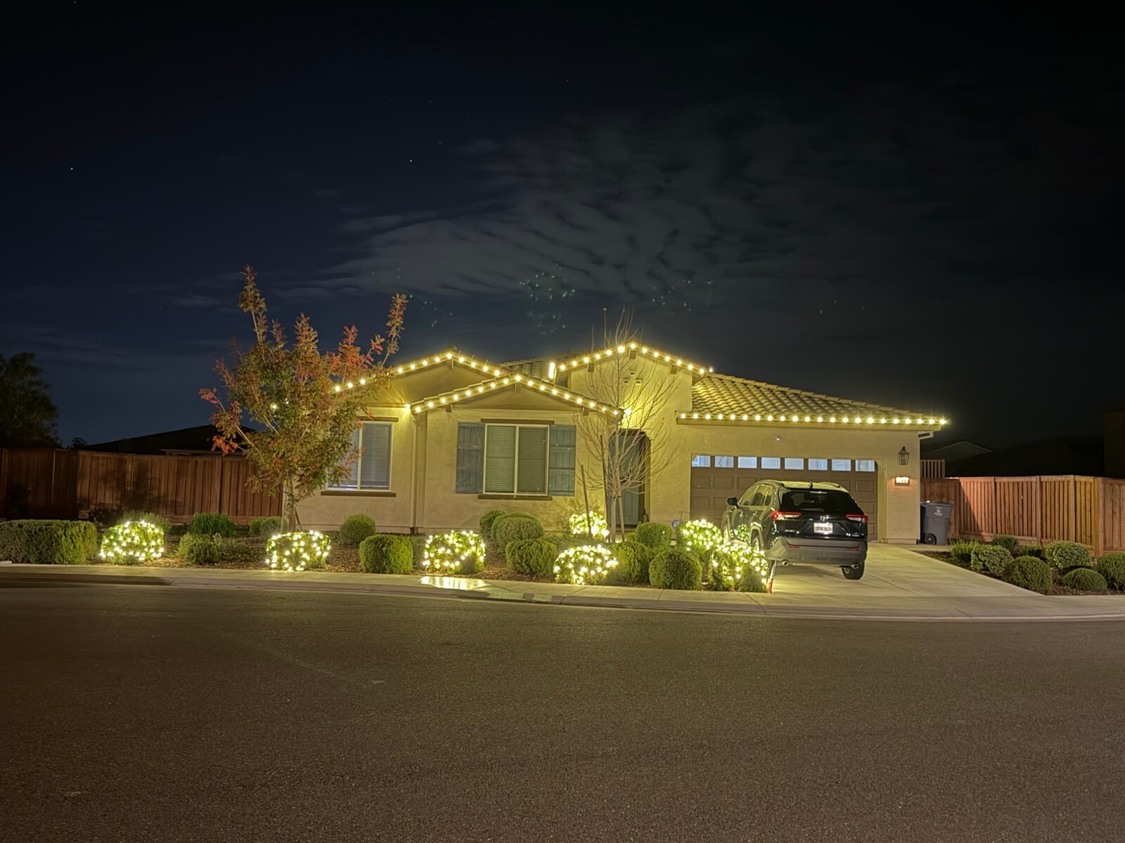 Professional Christmas lights in Auburn, CA: single story warm white roofline with lit shrubs