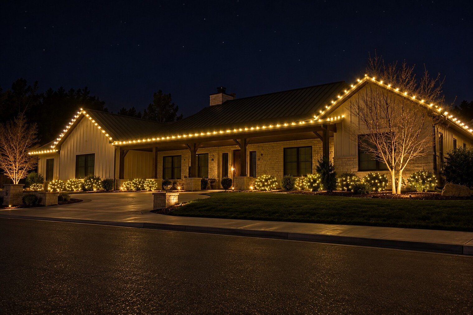 Professional christmas lights in Cameron Park, CA: foothill metal roof porch c9 warm white