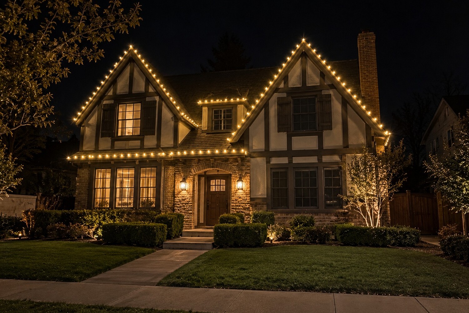 Professional christmas lights in Cameron Park, CA: tudor steep gables warm white