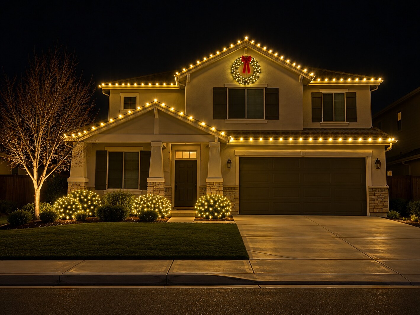 Professional christmas lights in Carmichael, CA: double gable wreath c9 warm white