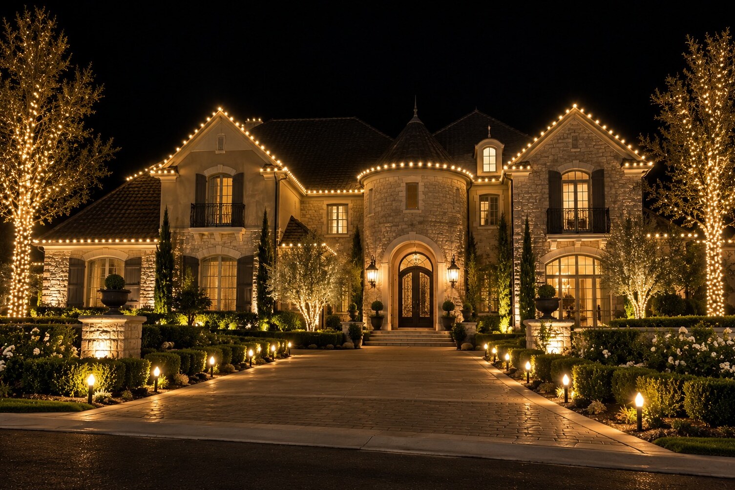 Professional christmas lights in Carmichael, CA: grand french country estate stone turret warm white