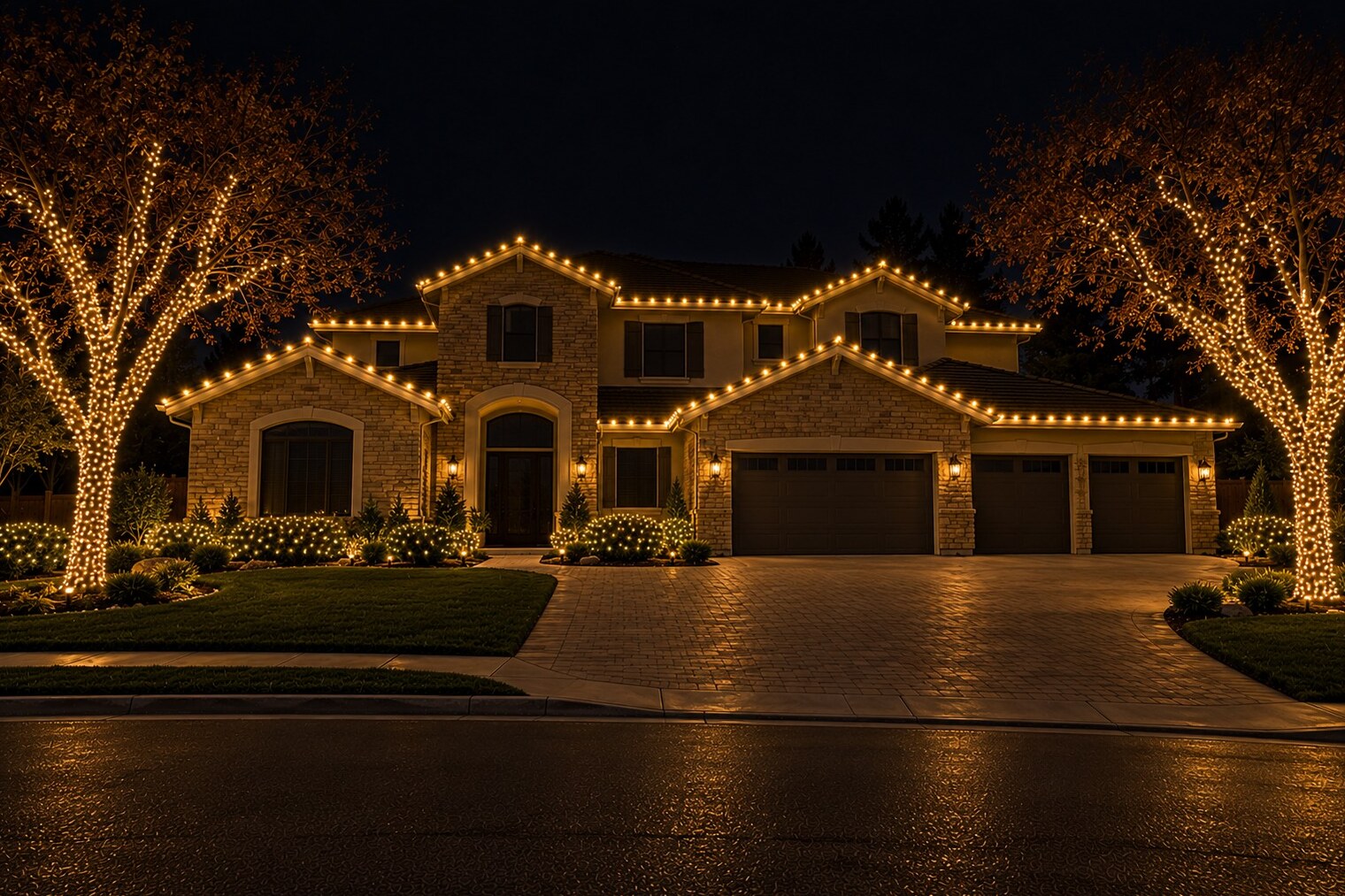 Professional christmas lights in Carmichael, CA: grand stone stucco estate wrapped oaks c9 warm white