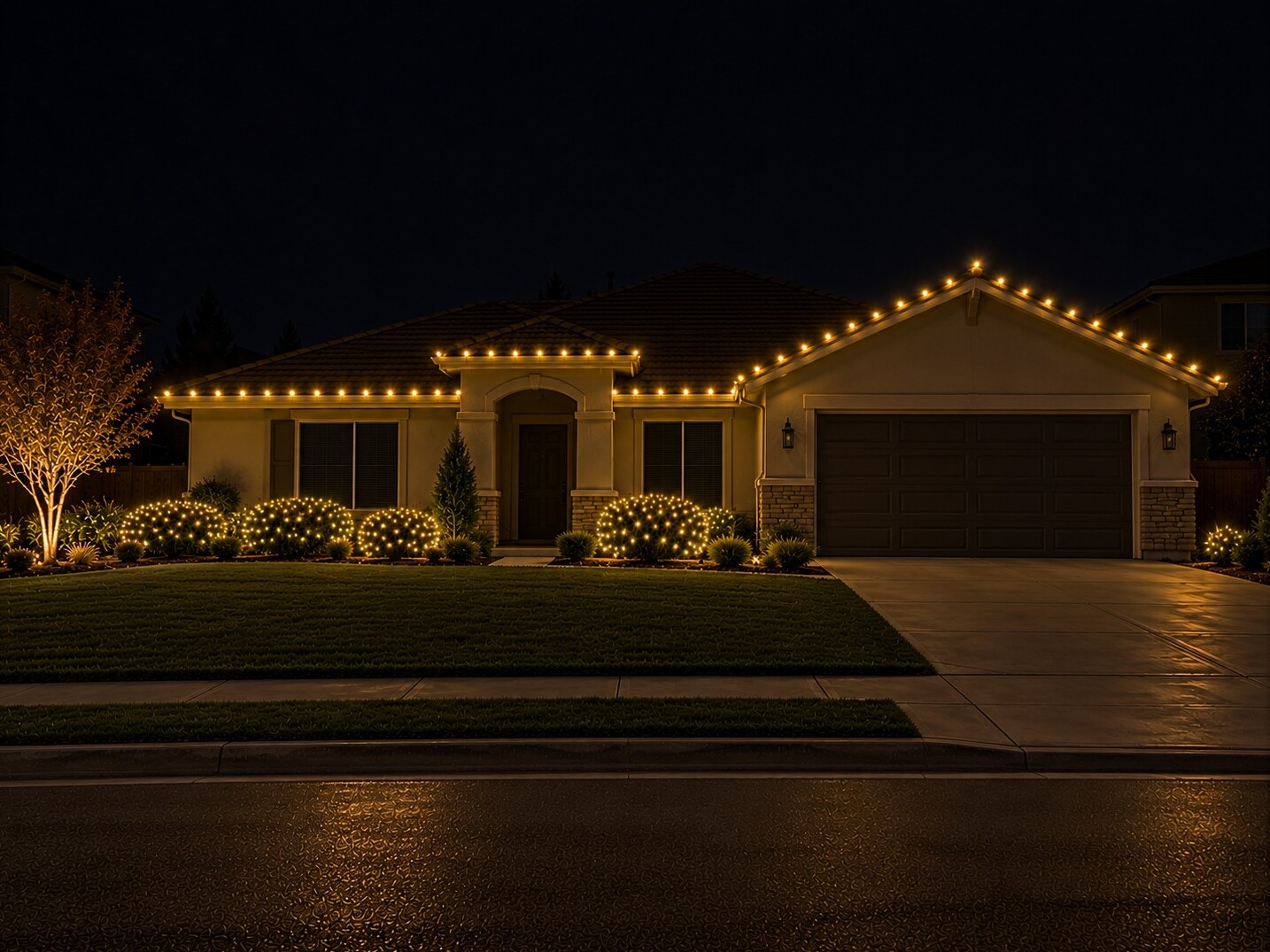 Professional christmas lights in Lincoln, CA: stucco ranch c9 roofline dark windows warm white