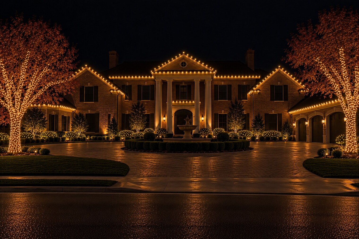 Residential christmas lights in Cameron Park, CA: grand brick portico fountain estate c9 warm white