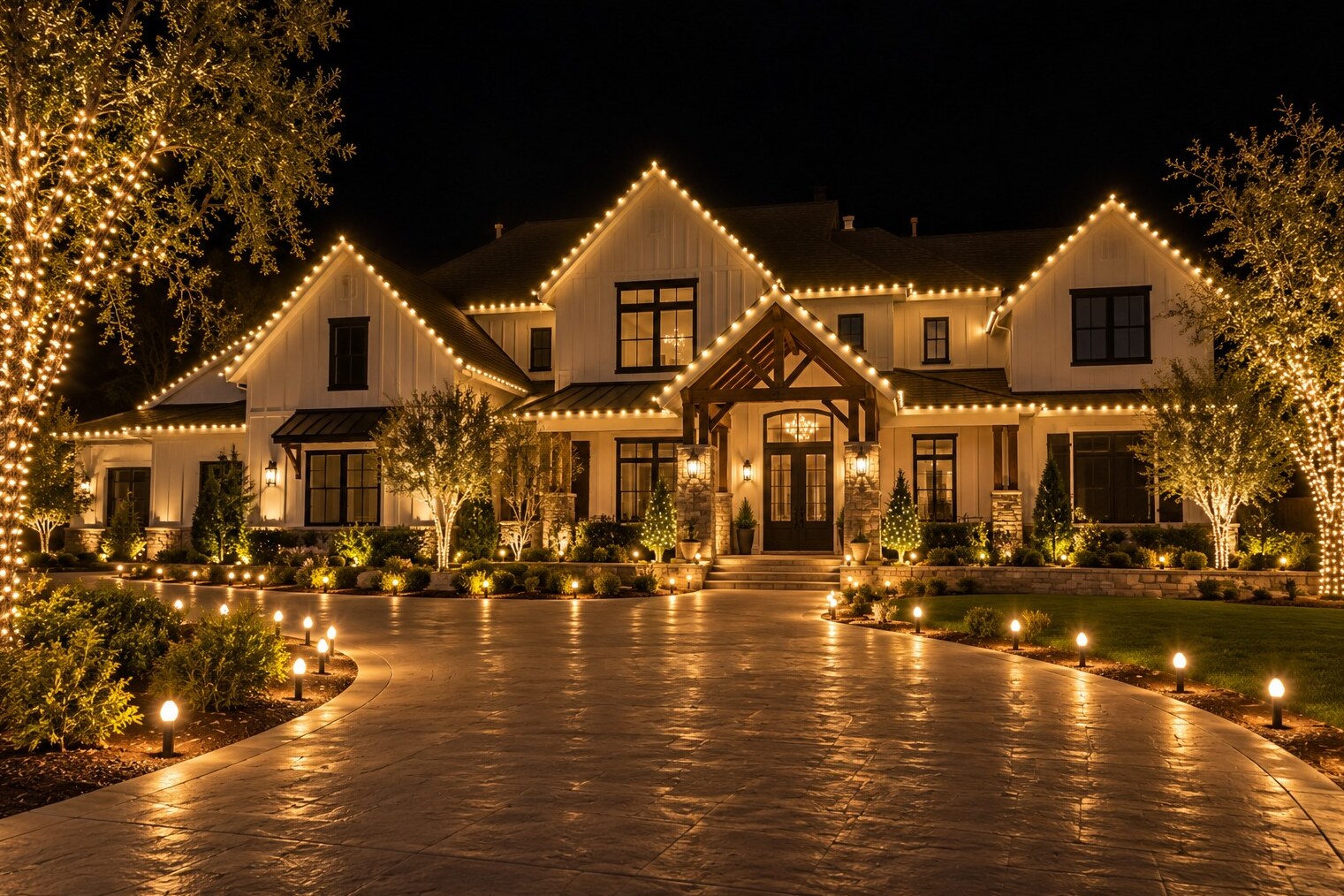 Residential christmas lights in Cameron Park, CA: grand modern farmhouse three gables driveway stakes warm white