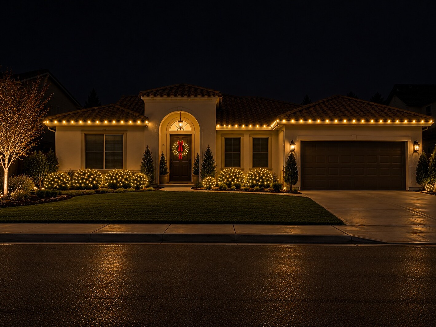 Residential christmas lights in Lincoln, CA: mediterranean tile eave door wreath c9 warm white