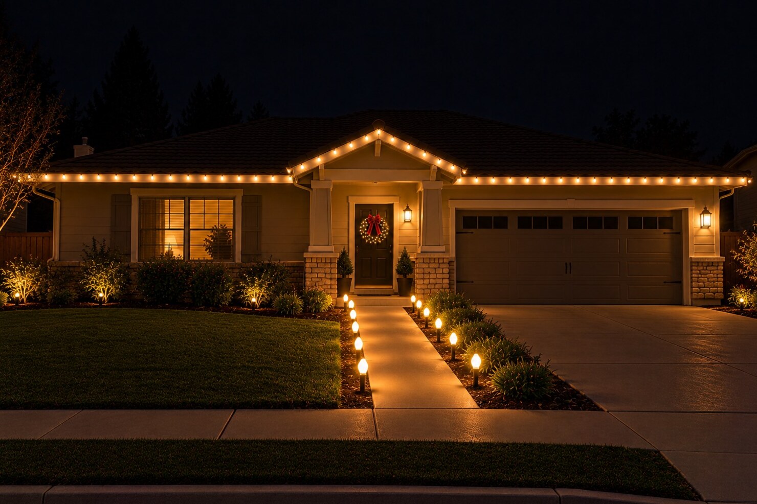 Residential christmas lights in Lincoln, CA: ranch home door wreath walkway stakes warm white