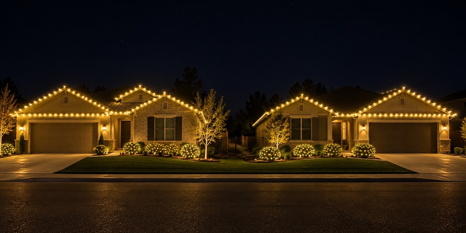 Residential christmas lights in Pollock Pines, CA: two neighbor homes street c9 warm white
